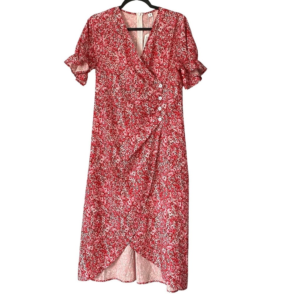 NWT‎ Pink Short Sleeve Faux Wrap Dress Buttons Size Medium No Brand Patterned